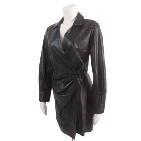 ZARA Faux Leather Wrap Mini Dress Black Long Sleeve Belted Shirt Style Dress S - Picture 2 of 13